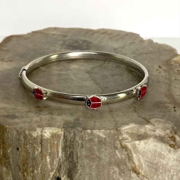Sterling Silver 925 Youth XS Women Enamel Ladybug Oval Bangle Bracelet Sz 5.75" - Picture 6 of 16